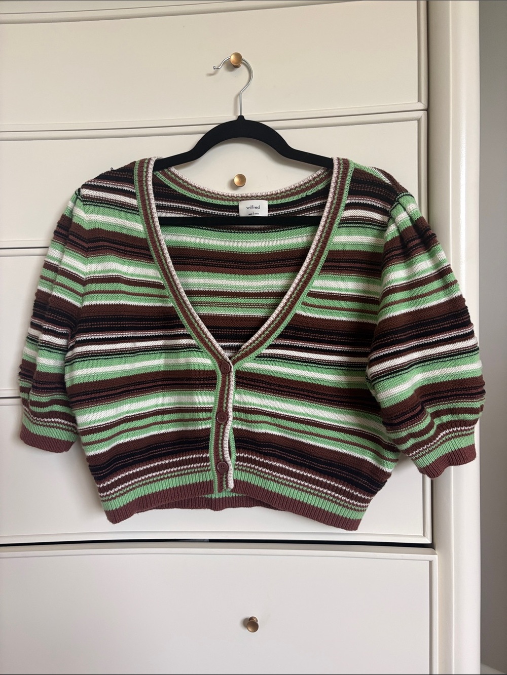 Aritzia Striped V-Neck Cropped Sweater Cardigan - Green & Brown